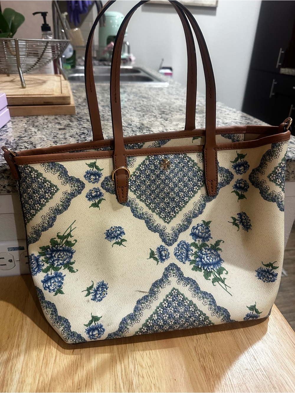 Tory Burch Blue Floral Canvas Tote with Brown Trim